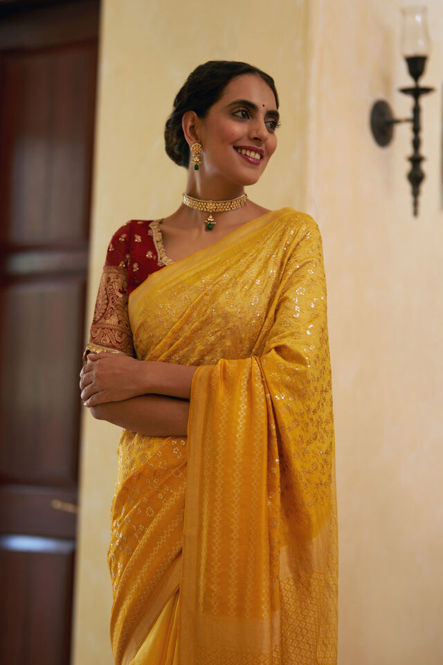 Yellow Pure Silk Organza Embroidery Banarasi Saree