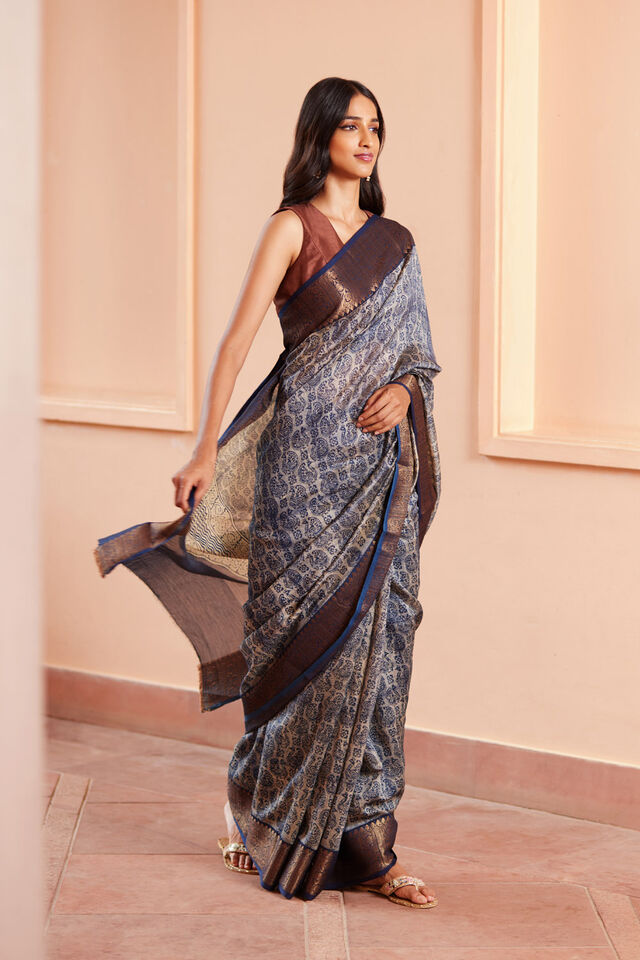 Blue Rajasthan Block Print Pure Silk Cotton Saree