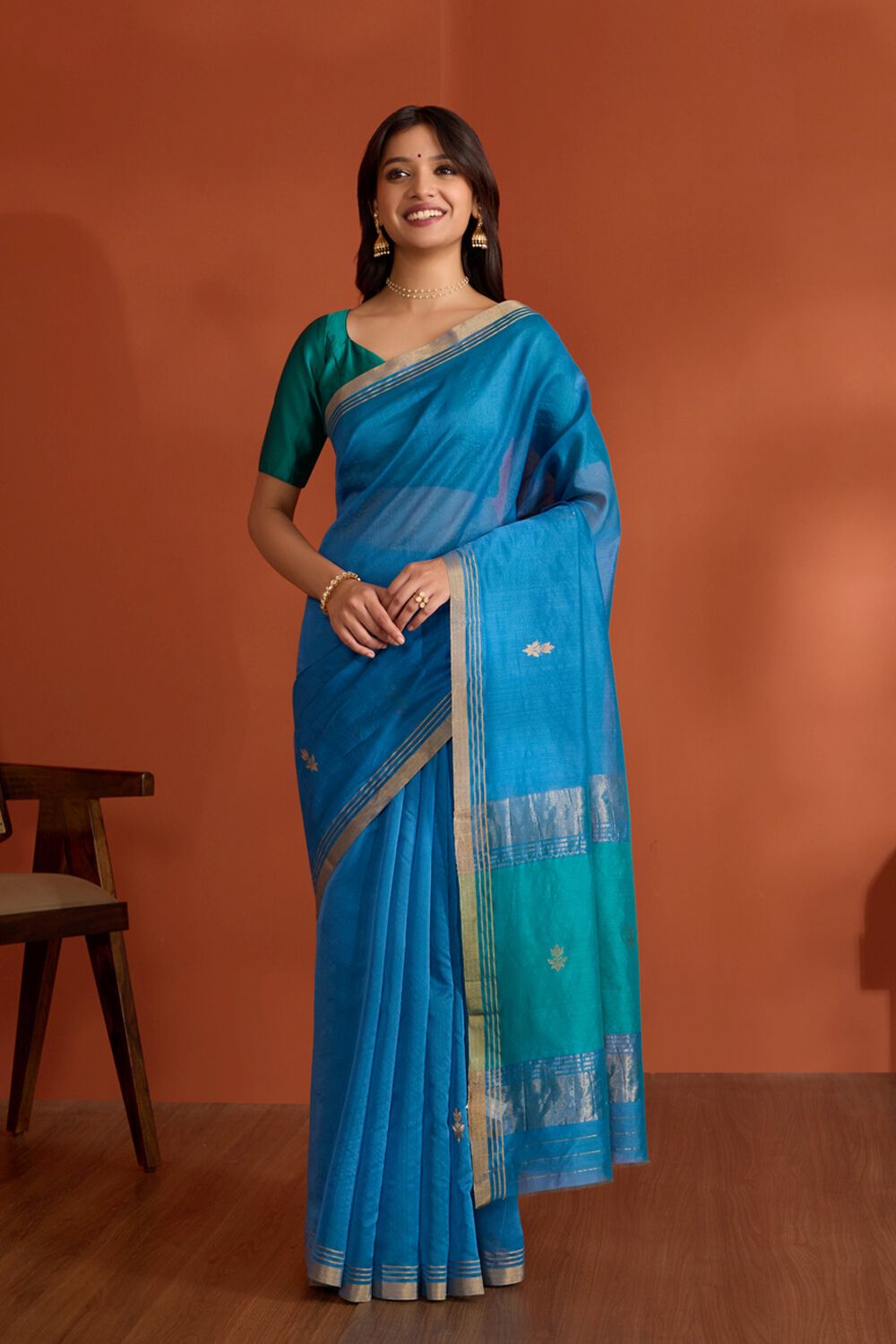 Dark Blue Pure Silk Cotton Chanderi Woven Saree image number null
