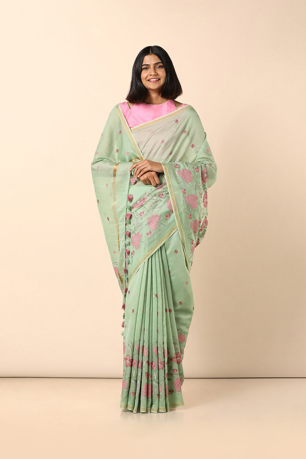 Light Green Embroidered Pure Silk Cotton Saree image number null
