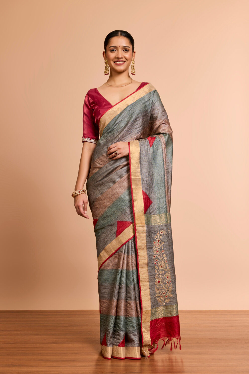 Grey Pure Tussar Silk Embroidered Saree image number null