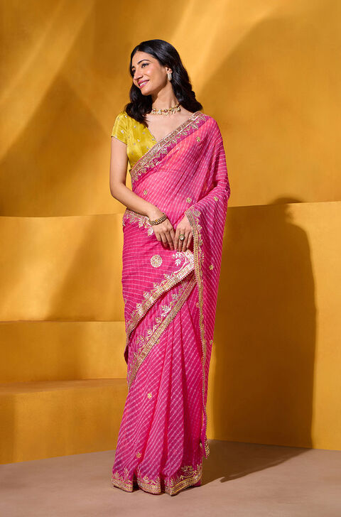 Pink Pure Silk Georgette Embroidered Saree
