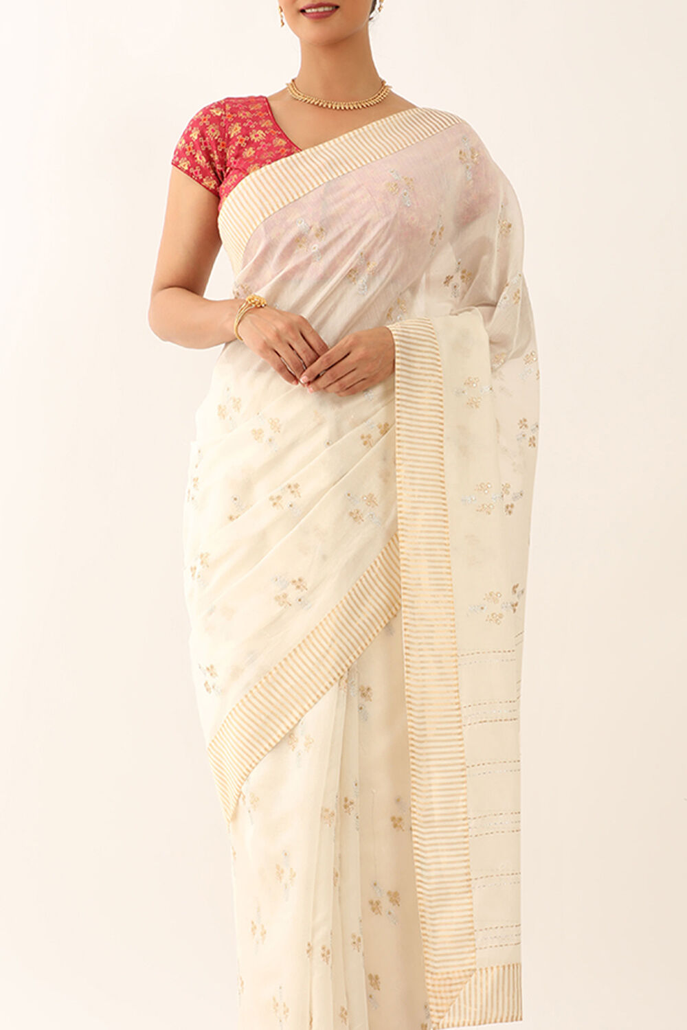 Off White Silk Cotton Embroidery Saree image number null
