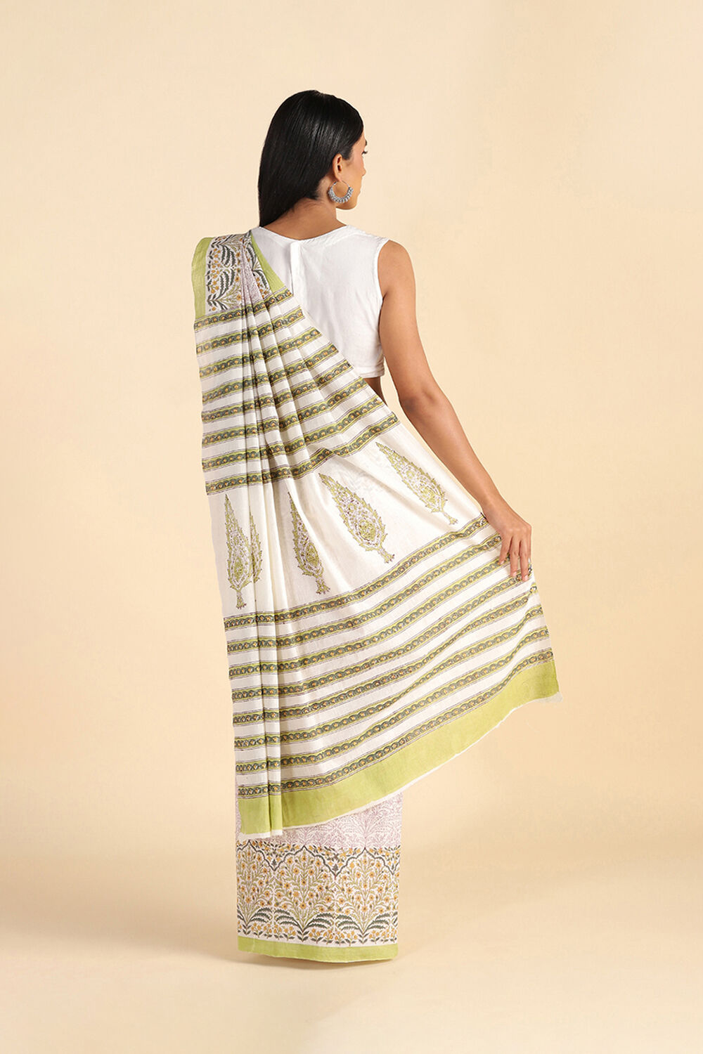 Light Green Pure Khadi Cotton Block Print Sanganeri Saree image number null