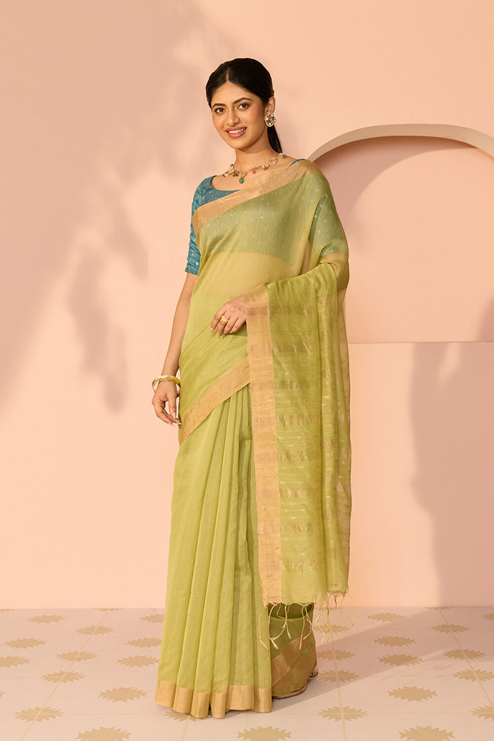 Light Green Bengal Pure Silk Cotton Jamdani Saree image number null