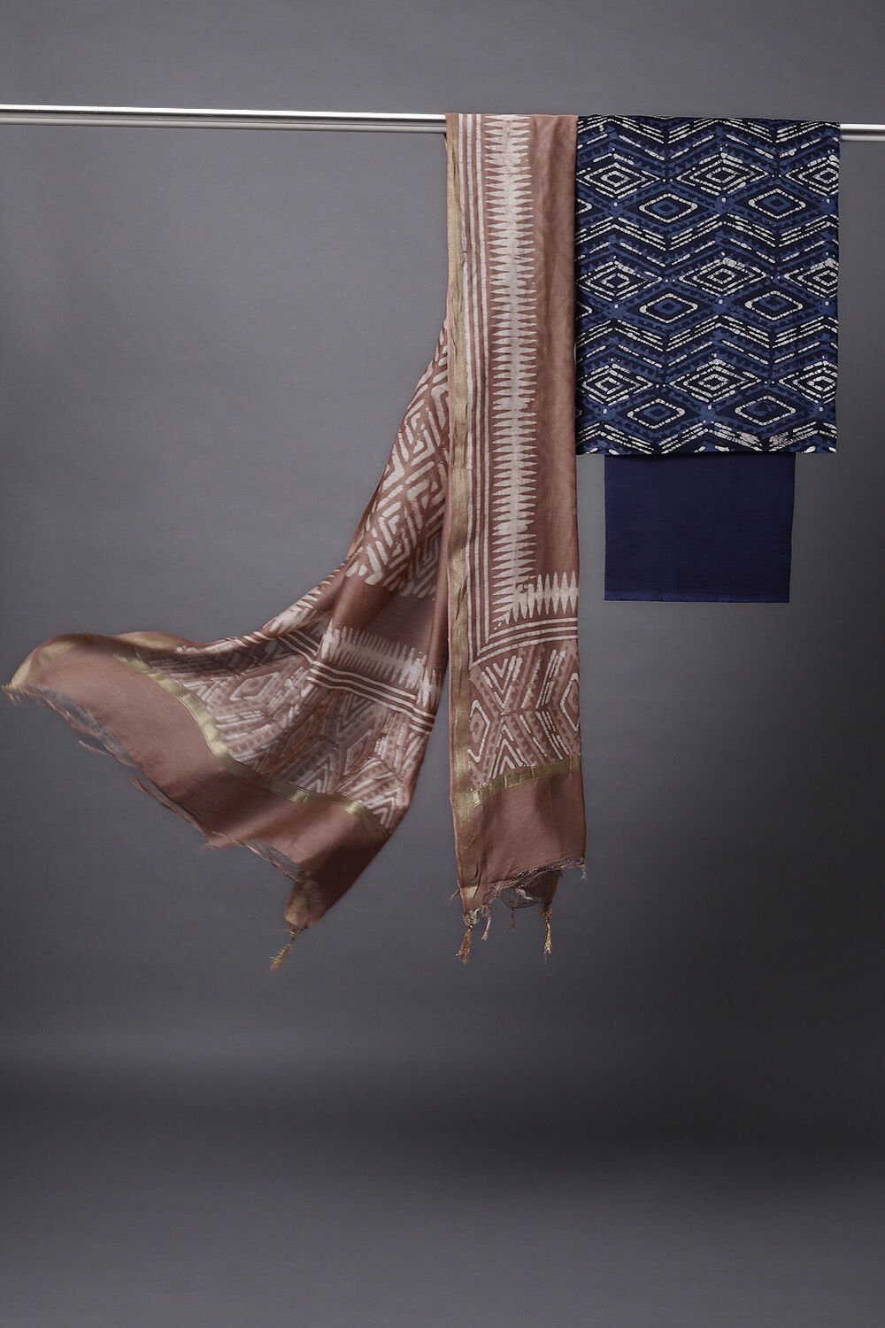 Blue Silk Cotton Block Printed Unstitched Suit Set image number null
