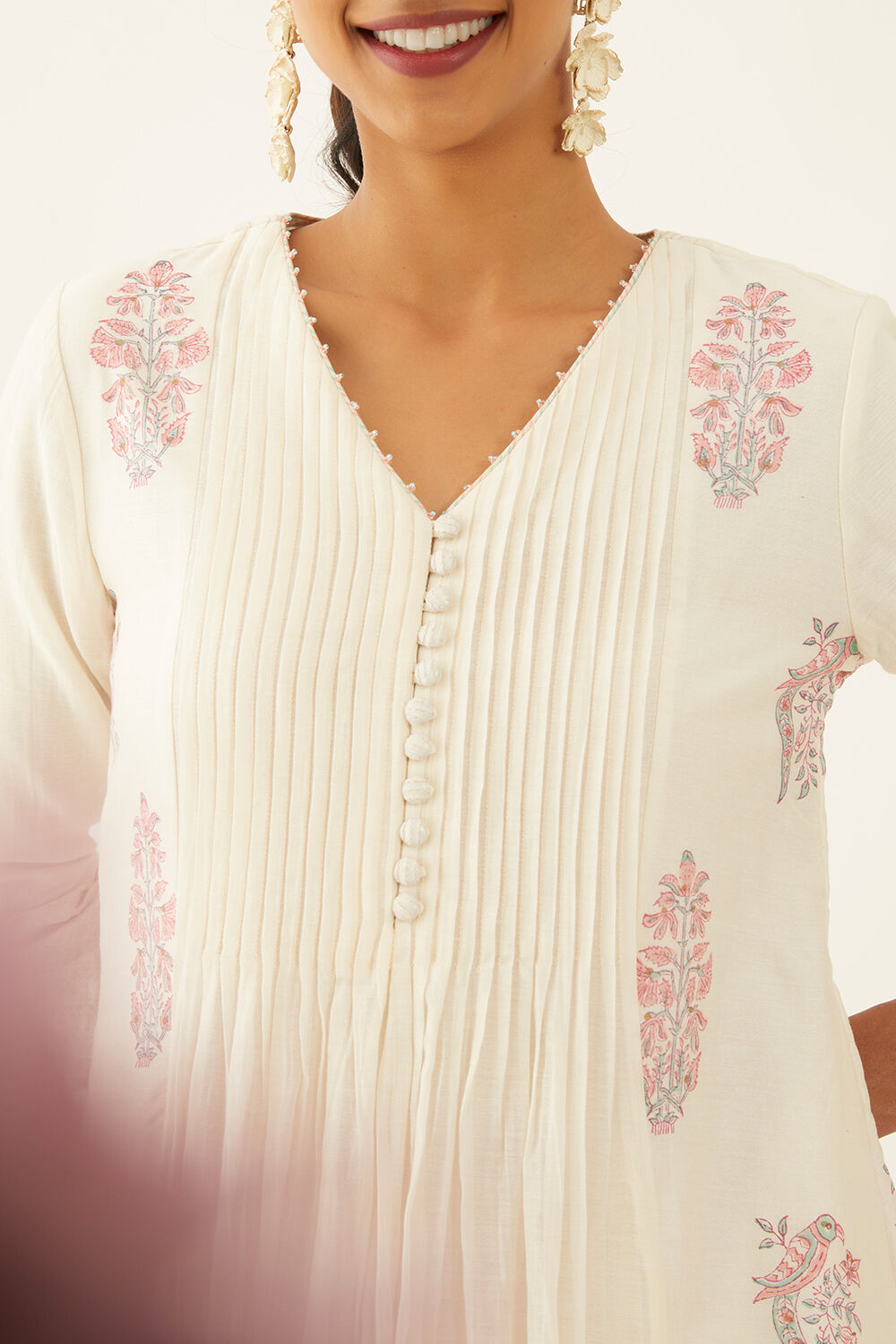White Pure Silk Cotton Printed Sanganeri Kurta Set image number null