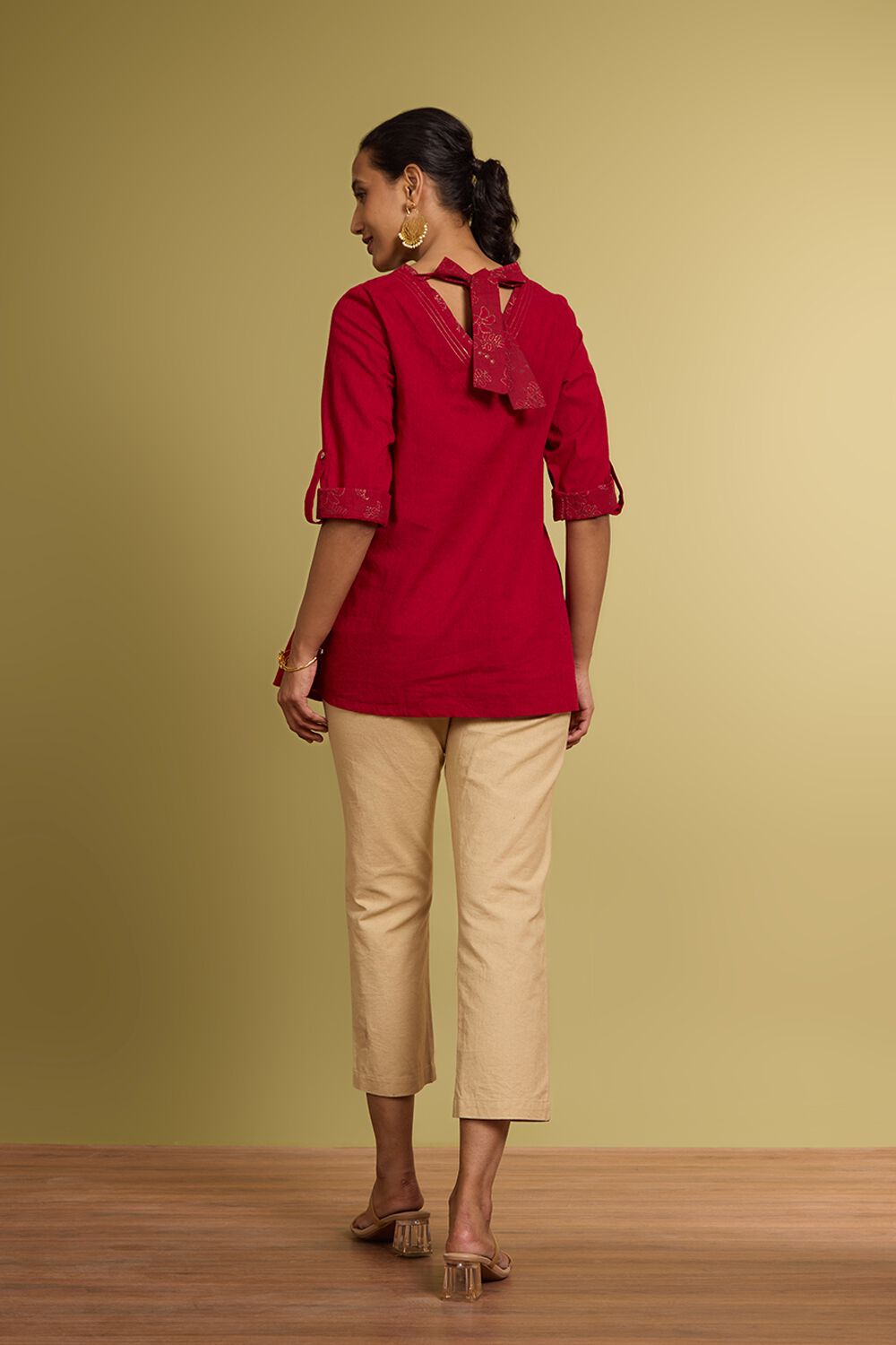 Dark Red Woven Pure Cotton Short Top image number null