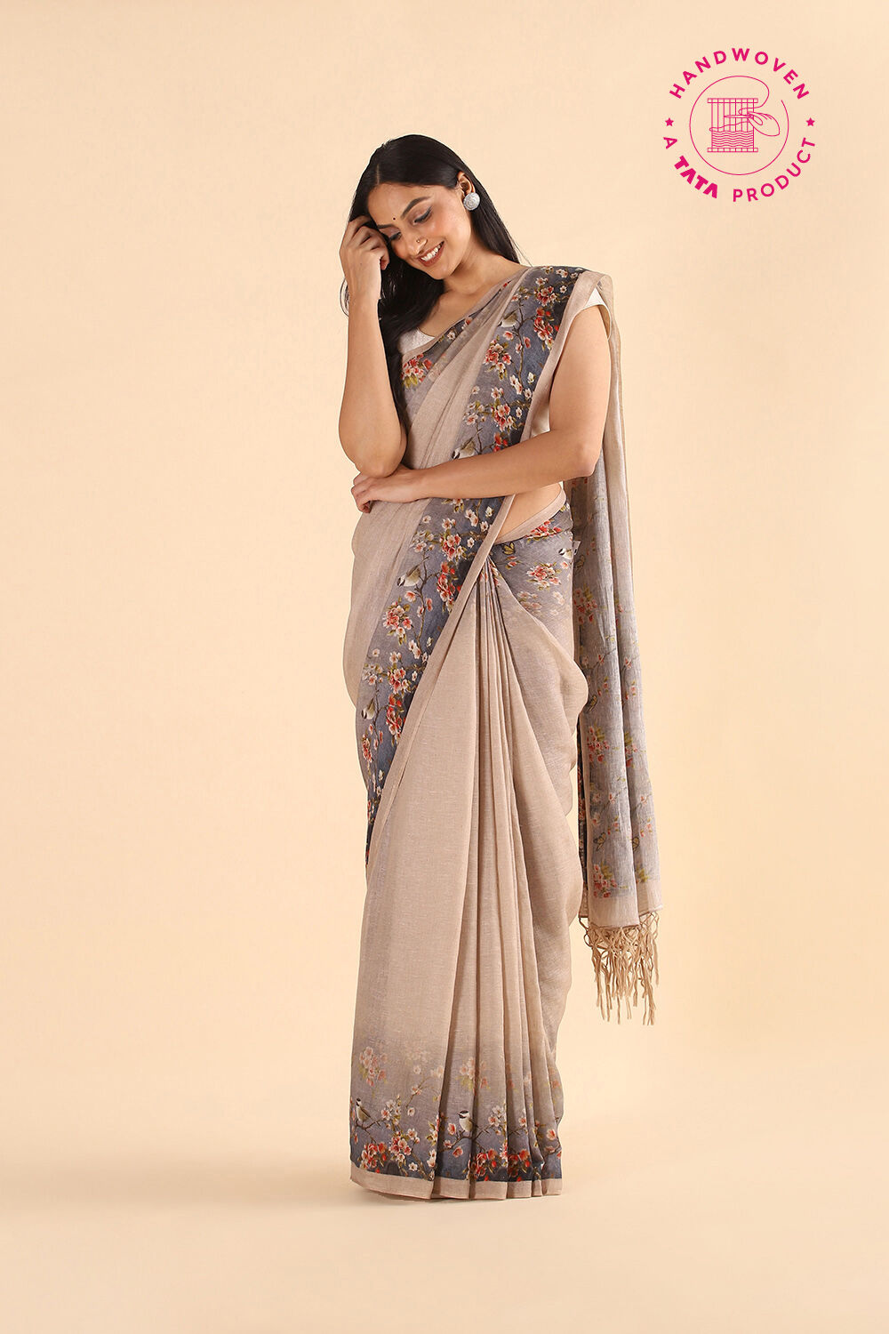 Multicolored Pure Linen Digital Printed Saree image number null