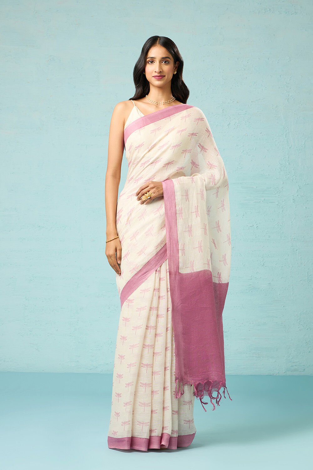Off White Screen Printed Pure Linen Saree image number null