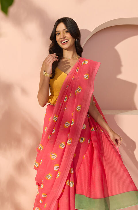 Pink Bengal Screen Printed Pure Cotton Mulmul Saree