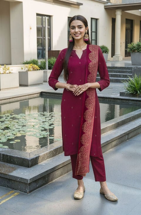 Purple Woven Pure Viscose Kurta Set