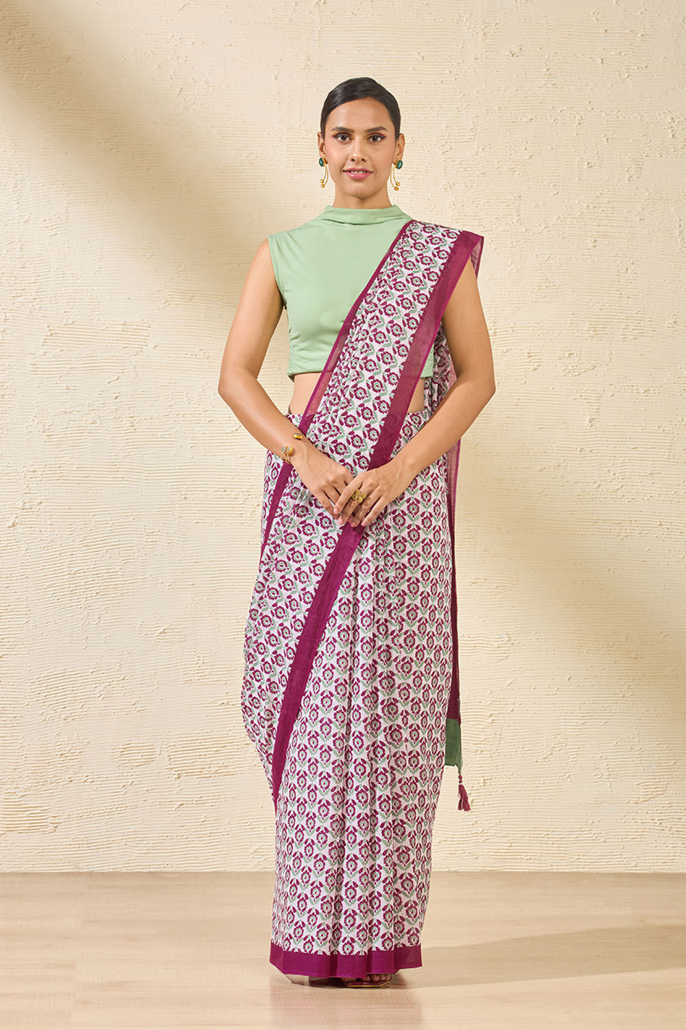 Purple Screen Printed Bengal Pure Mulmul Cotton Saree image number null