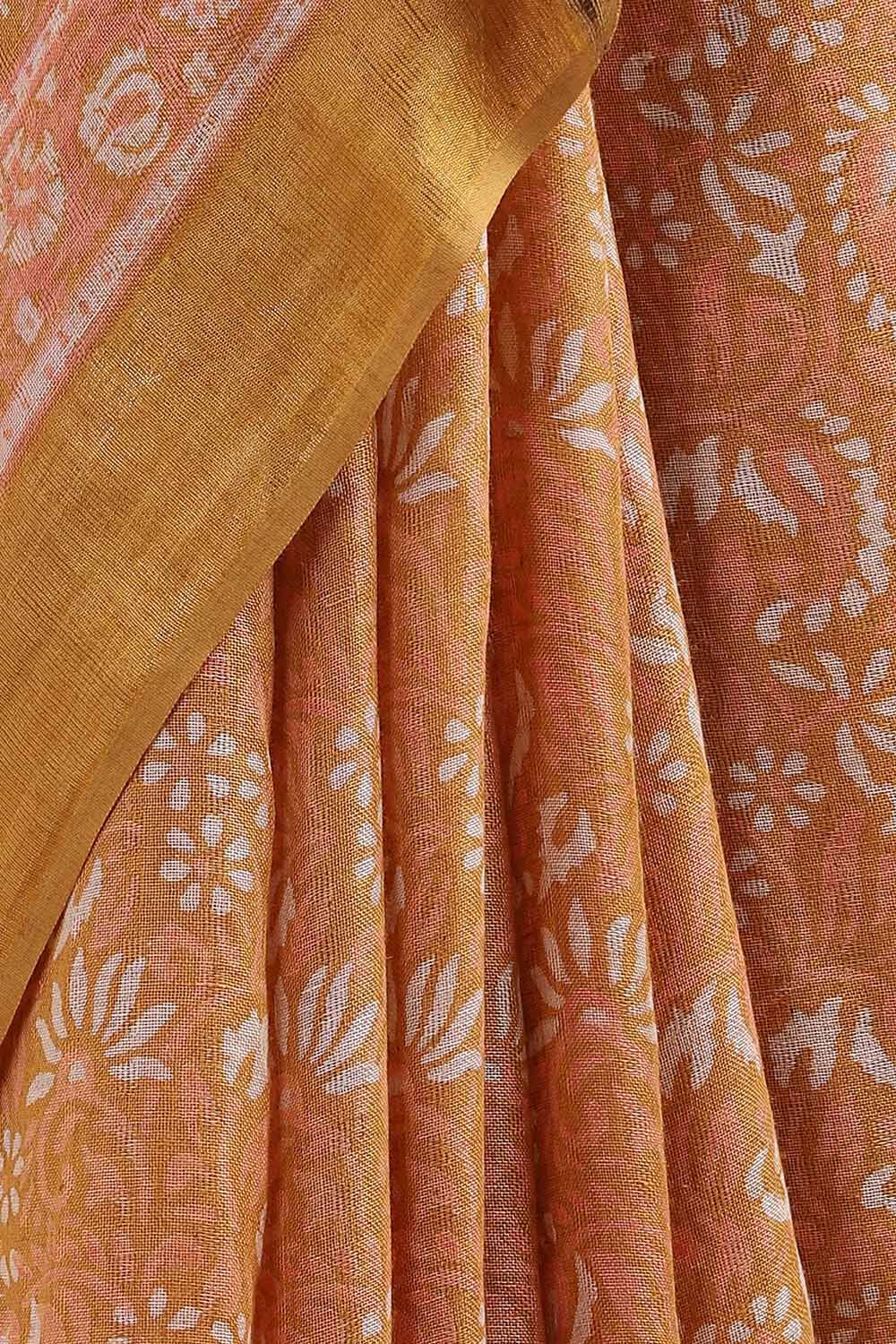 Orange Pure Linen Printed Saree image number null