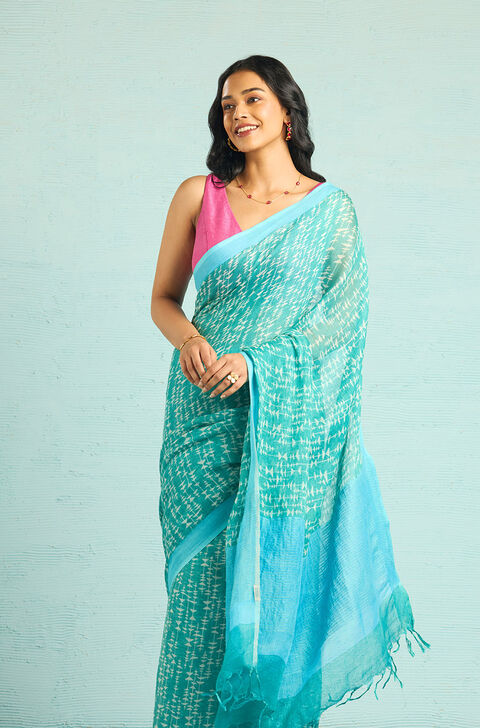 Green Screen Printed Pure Linen Saree