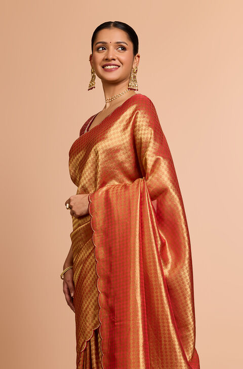 Red Woven Viscose Tissue Saree