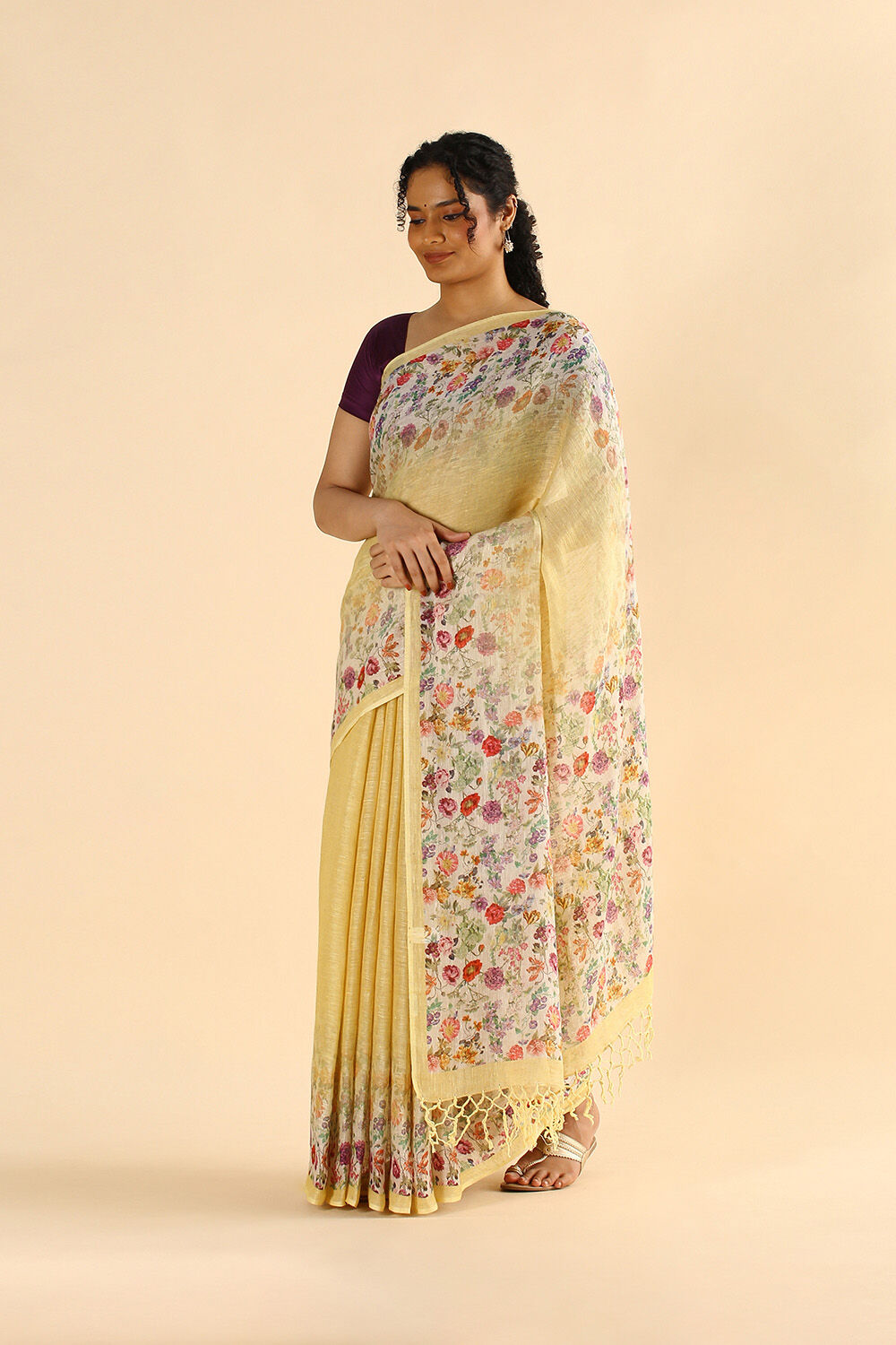 Light Yellow Pure Linen Digital Printed Saree image number null