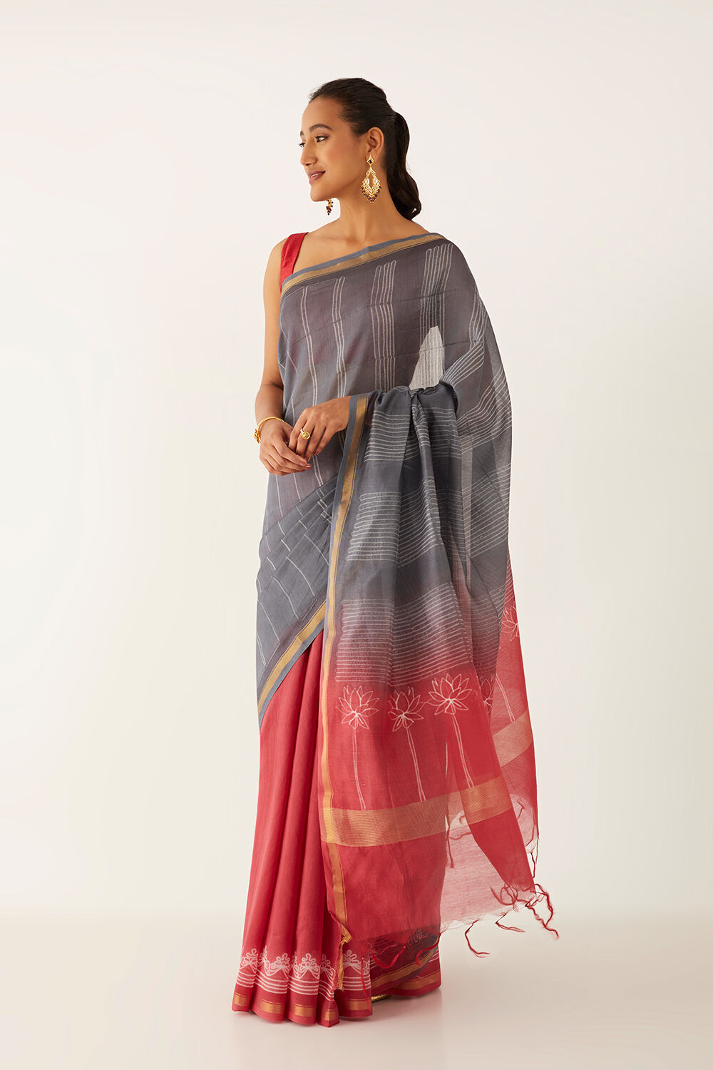 Pink and Gey Pure Silk Cotton Shibori Saree image number null