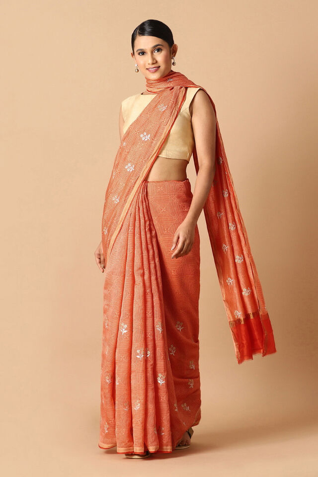Orange Pure Silk Cotton Printed Saree