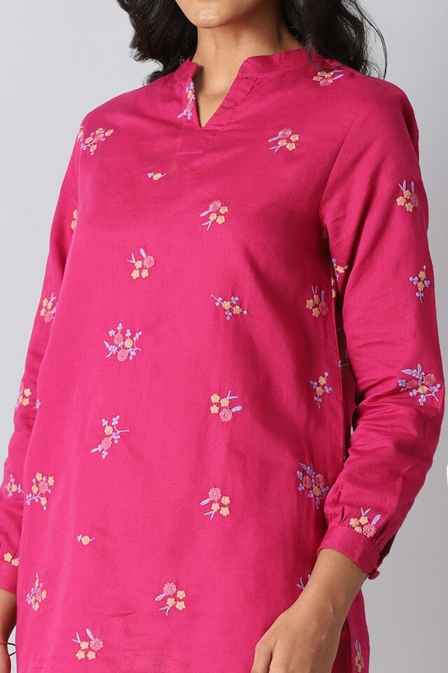 Dark Pink Linen Embroidered Kurta
