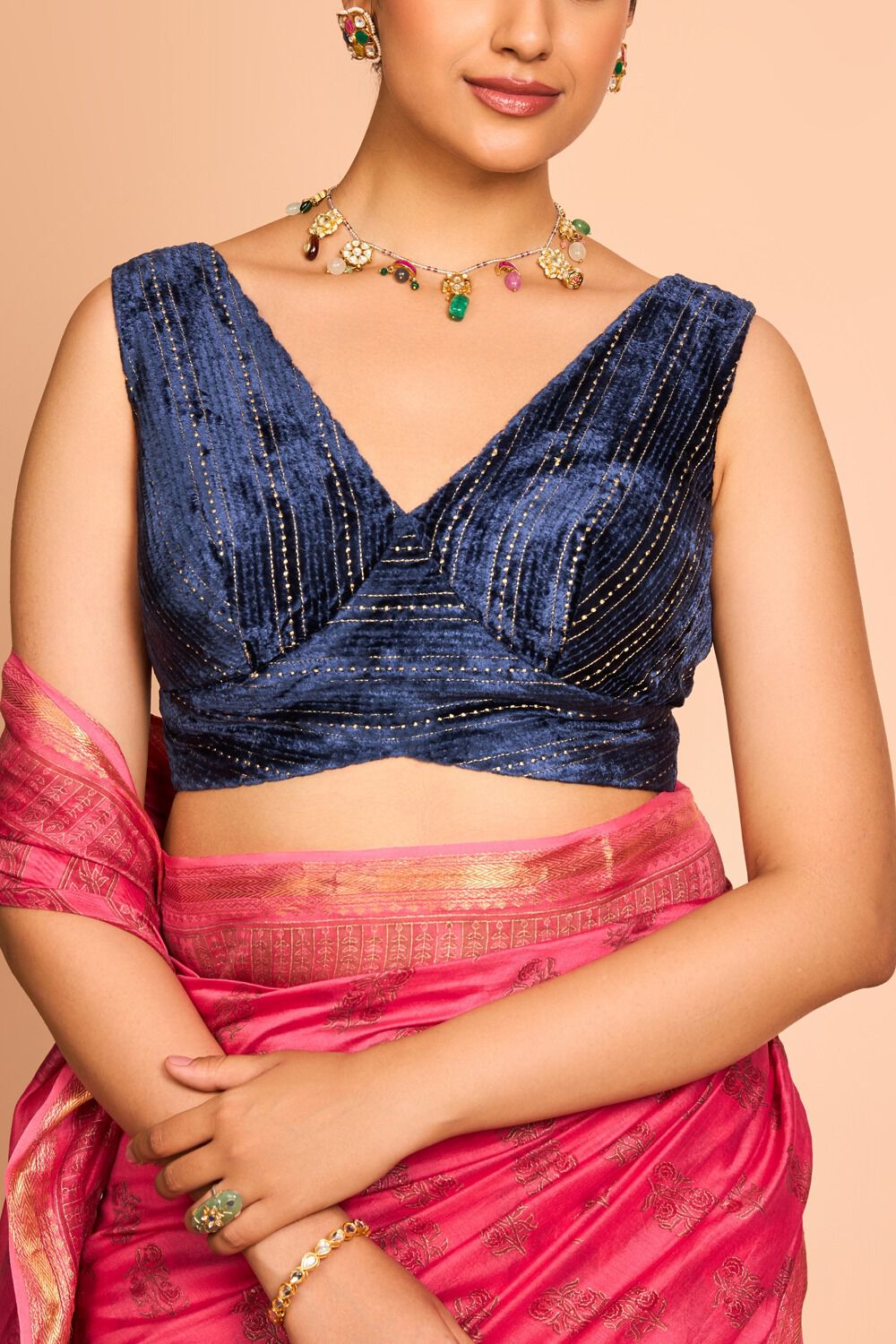 Dark Blue Viscose Embroidered Blouse image number null