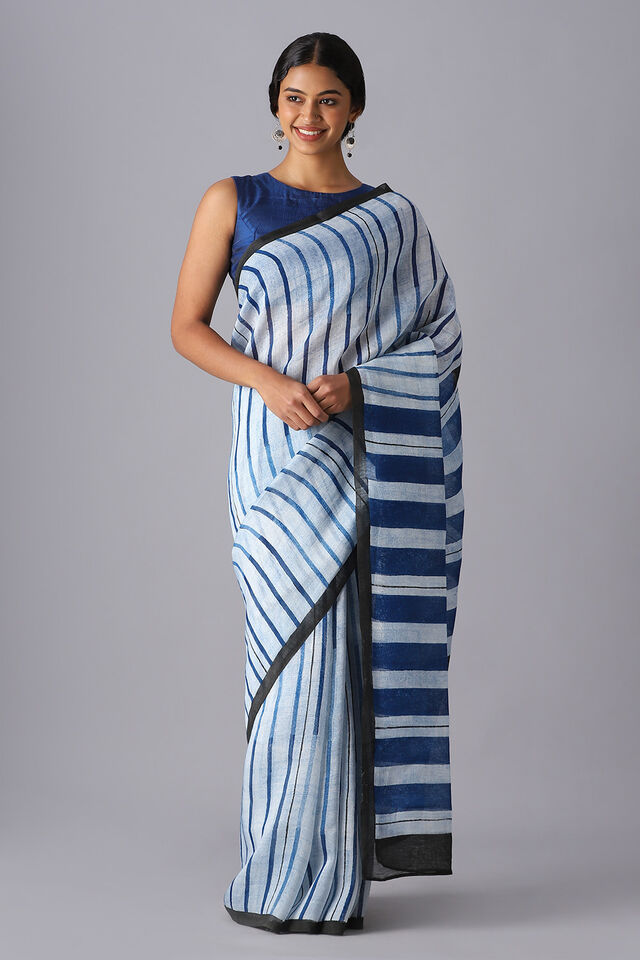 White and Blue Pure Silk Linen Printed Saree