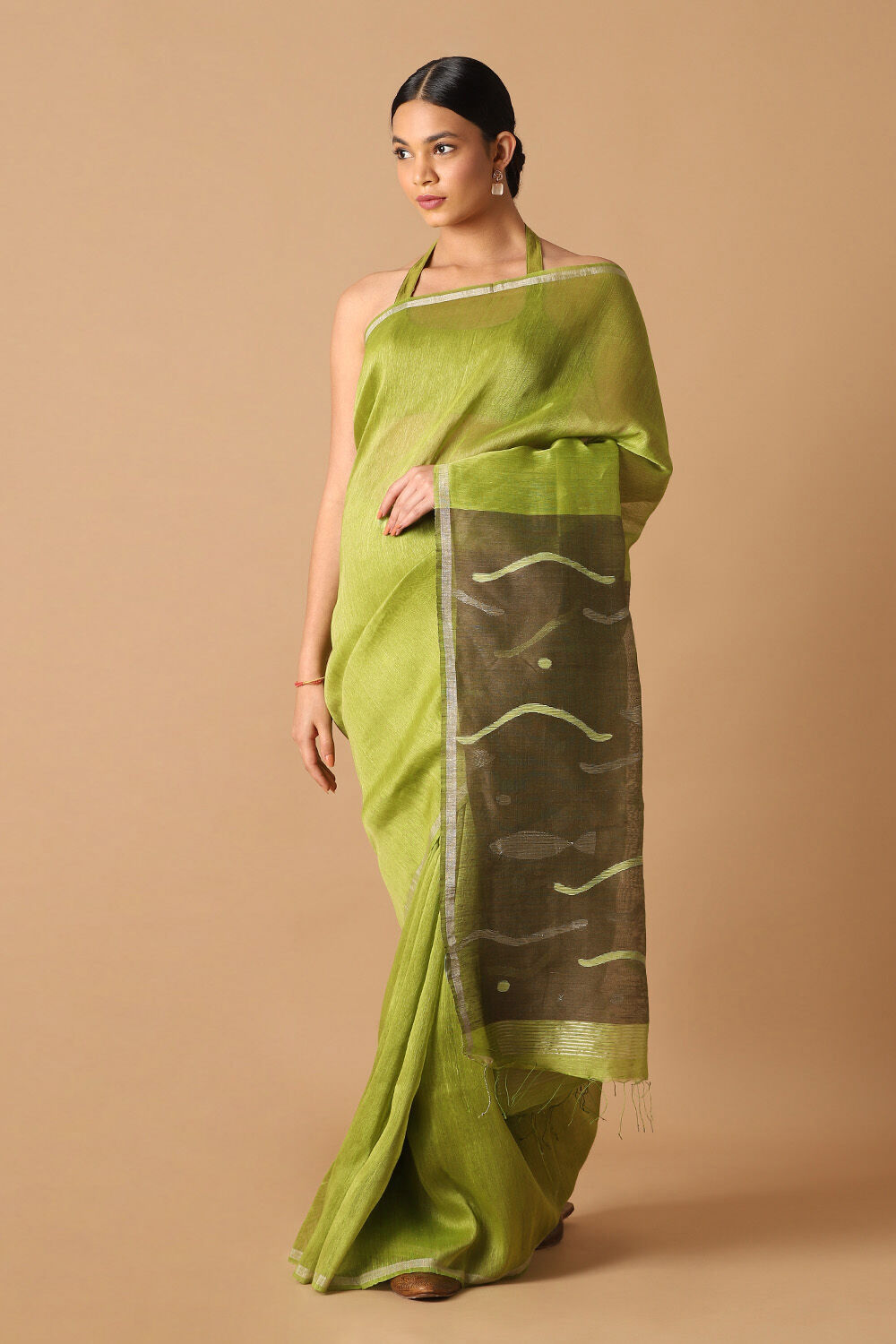 Light Green Pure Silk Linen Jamdani Saree image number null