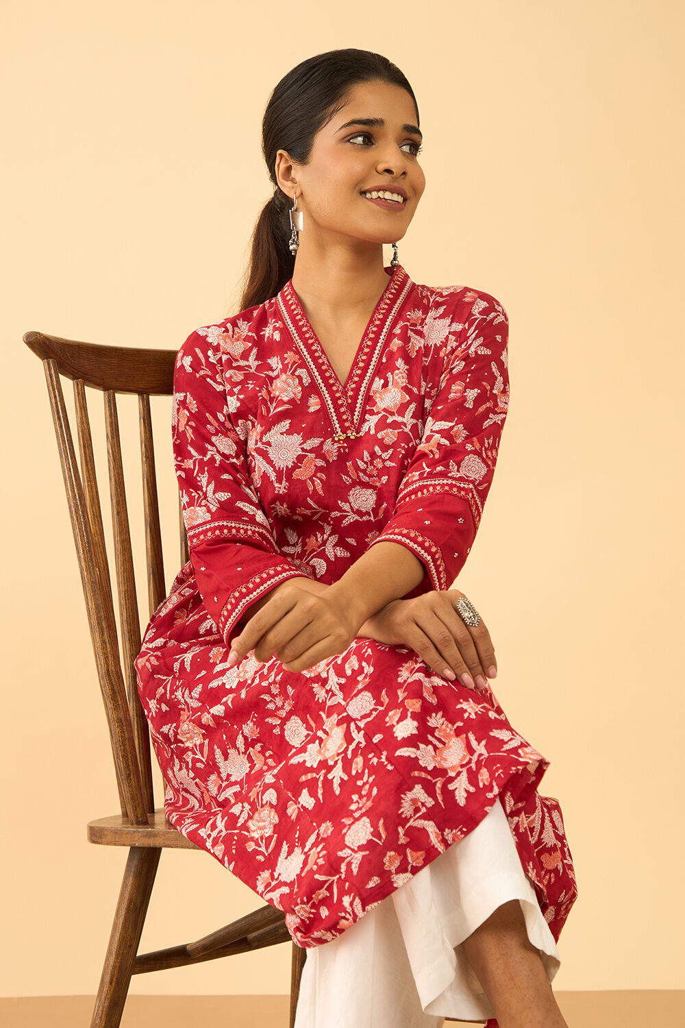 Red Pure Cotton Printed Sanganeri Kurta image number null