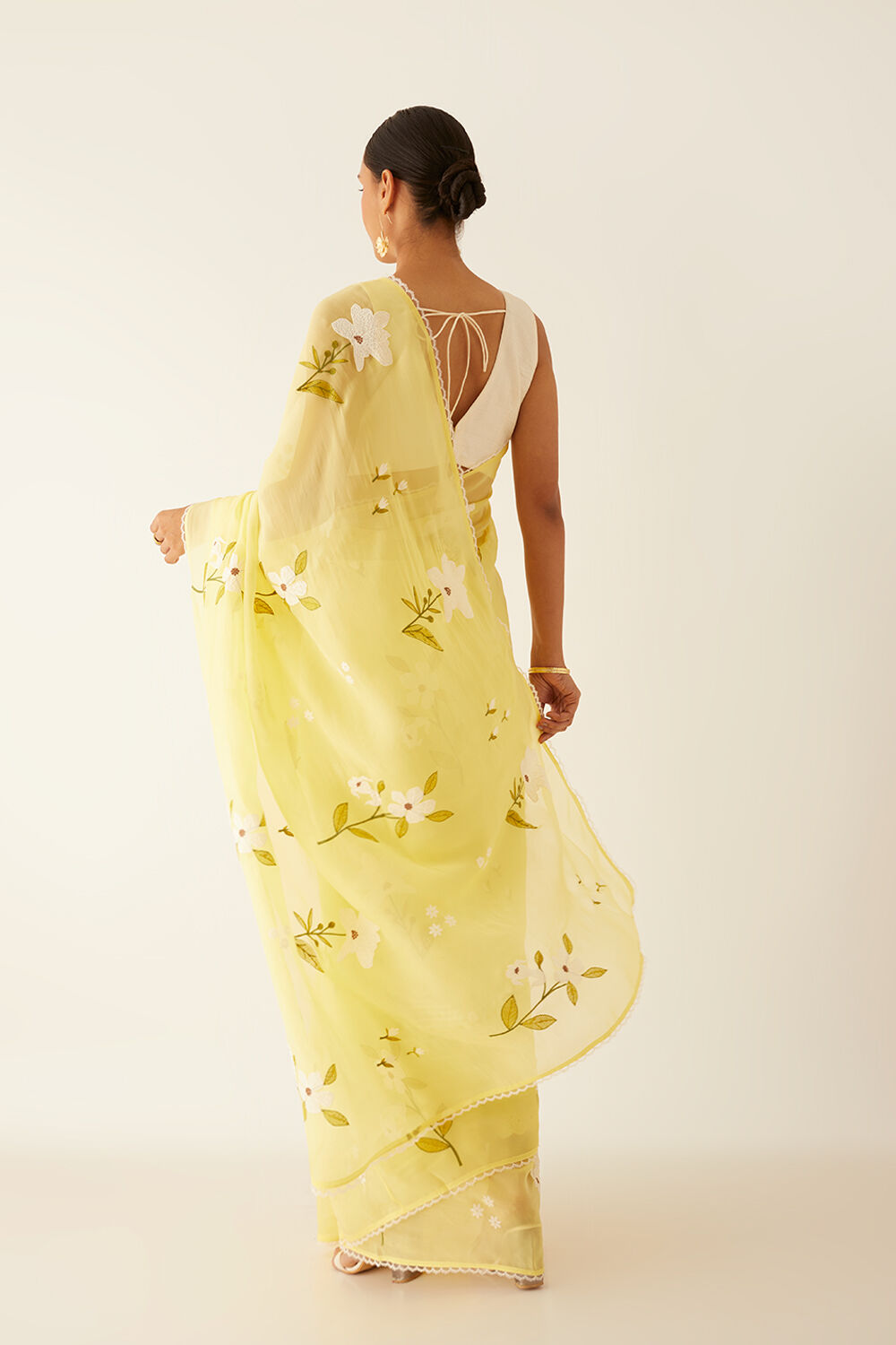 Yellow Viscose Organza Embroidered Saree image number null