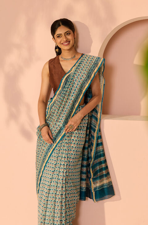 Blue Rajasthan Pure Silk Cotton Printed Sanganeri Saree
