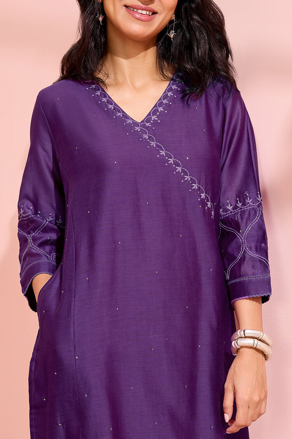 Purple Pure Silk Cotton Chikankari Kurta image number null