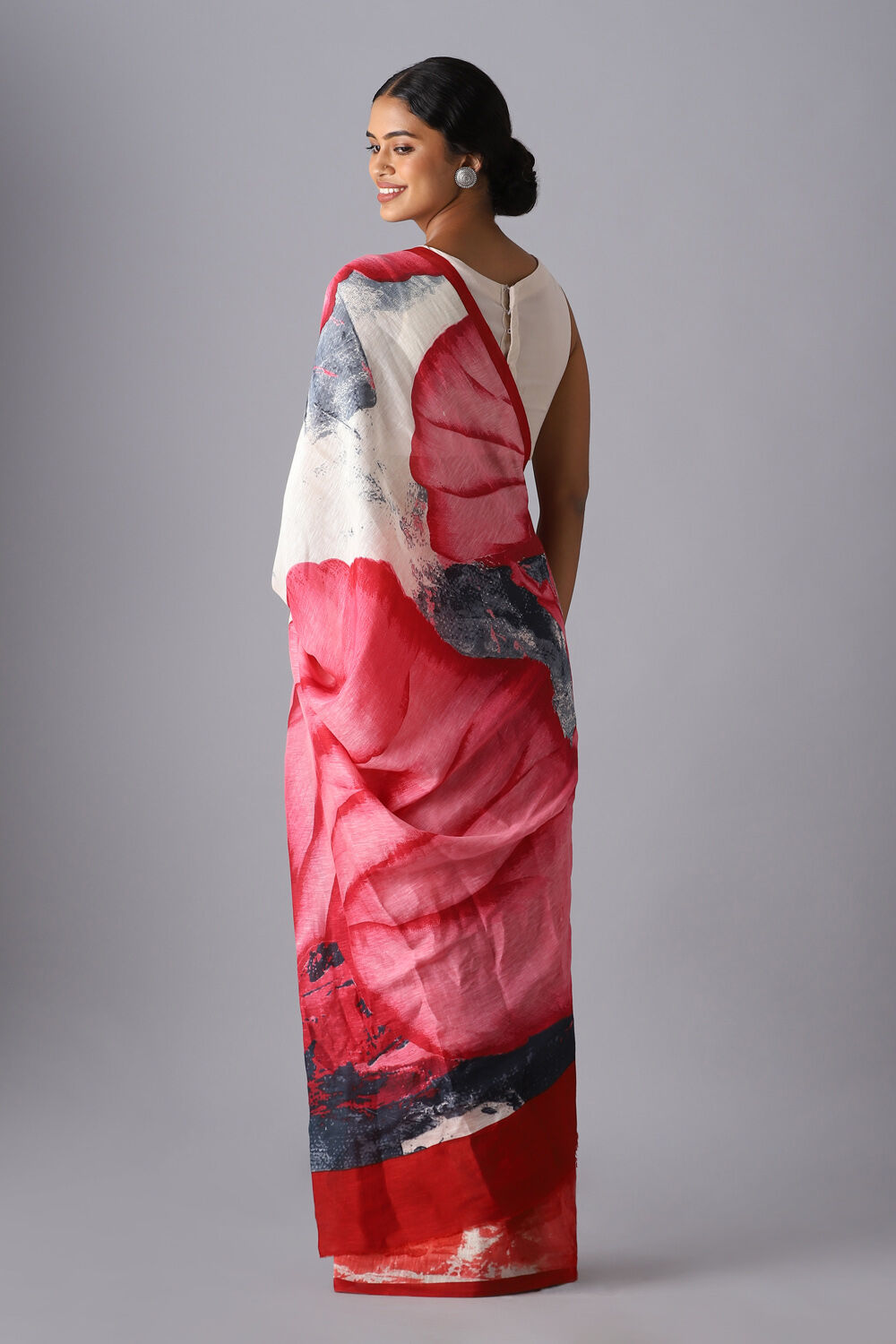 Red Pure Silk Linen Printed Saree image number null