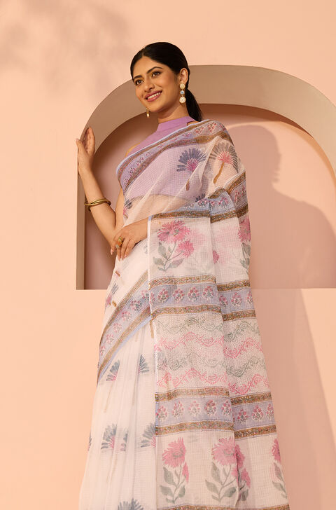 Off White Printed Sanganeri Rajasthan Pure Cotton Kota Saree
