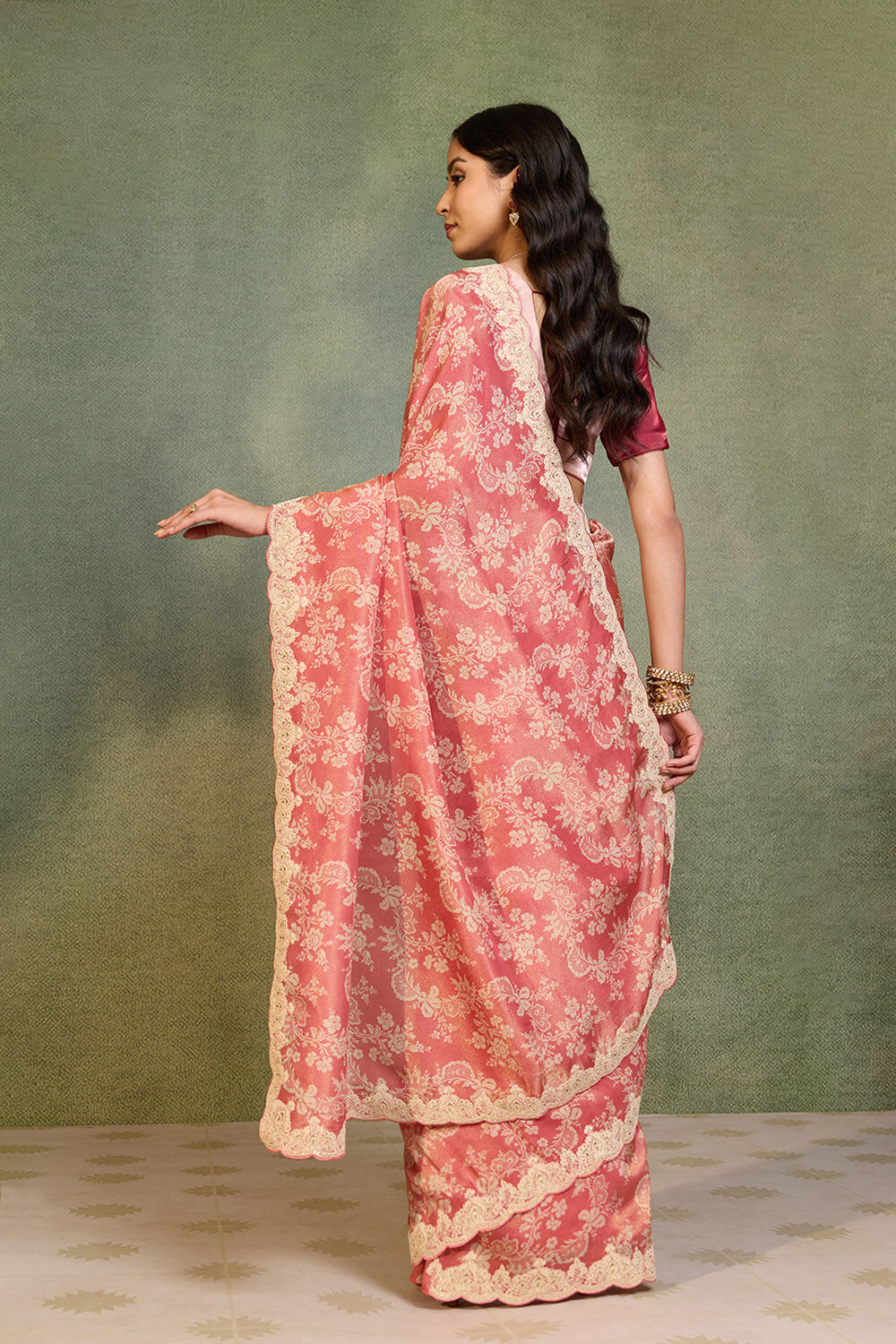 Light Red Viscose Tissue Embroidered Saree image number null