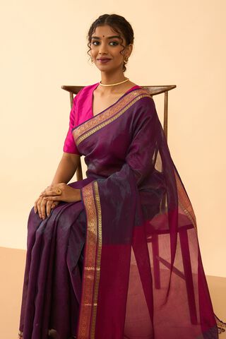 Purple Woven Pure Silk Tissue Maheshwar Saree image number