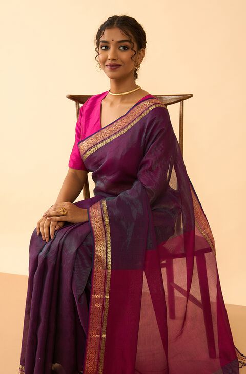 Purple Woven Pure Silk Tissue Maheshwar Saree