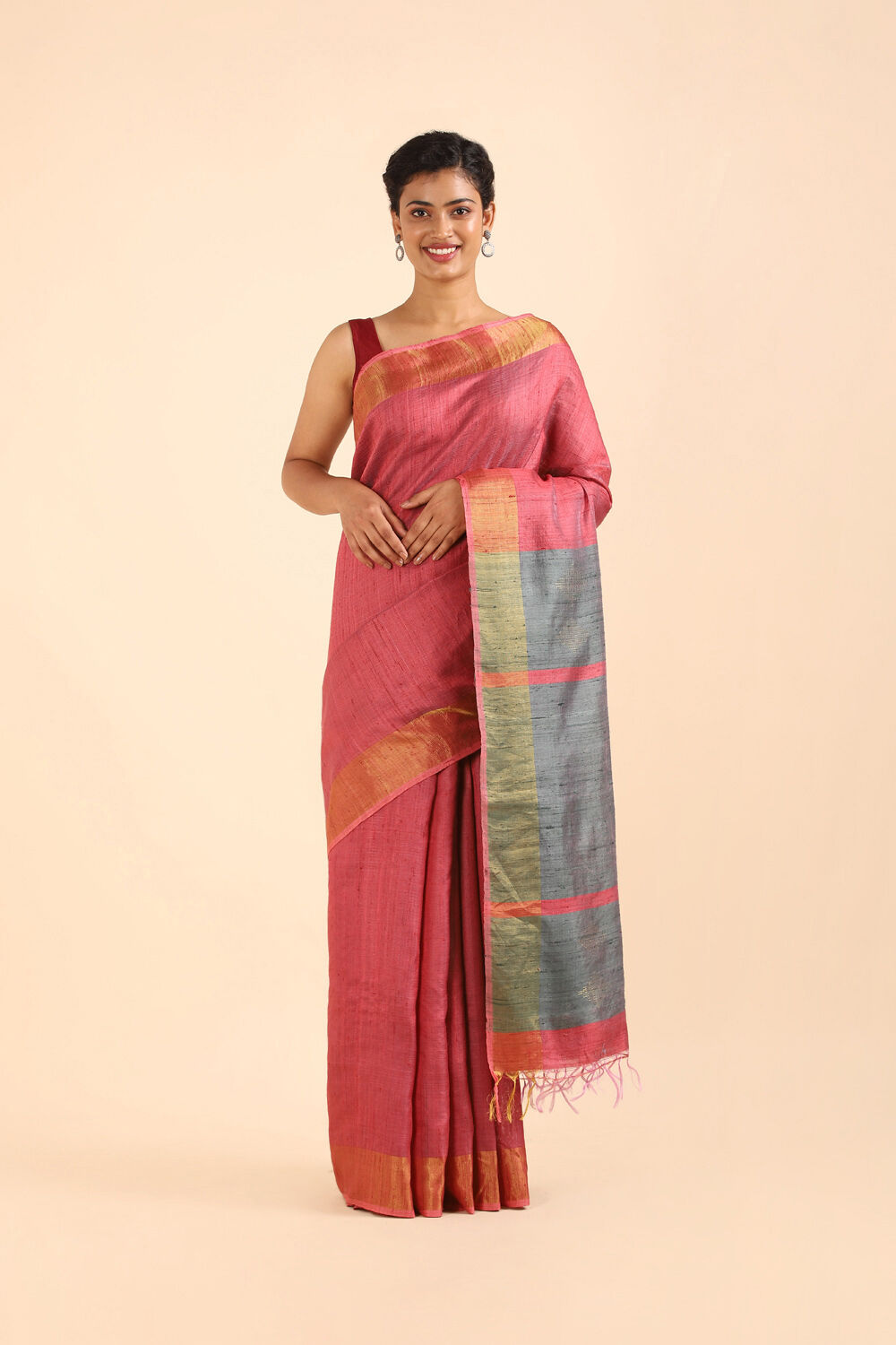 Dark Red Pure Khadi Silk Bhagalpur Saree image number null