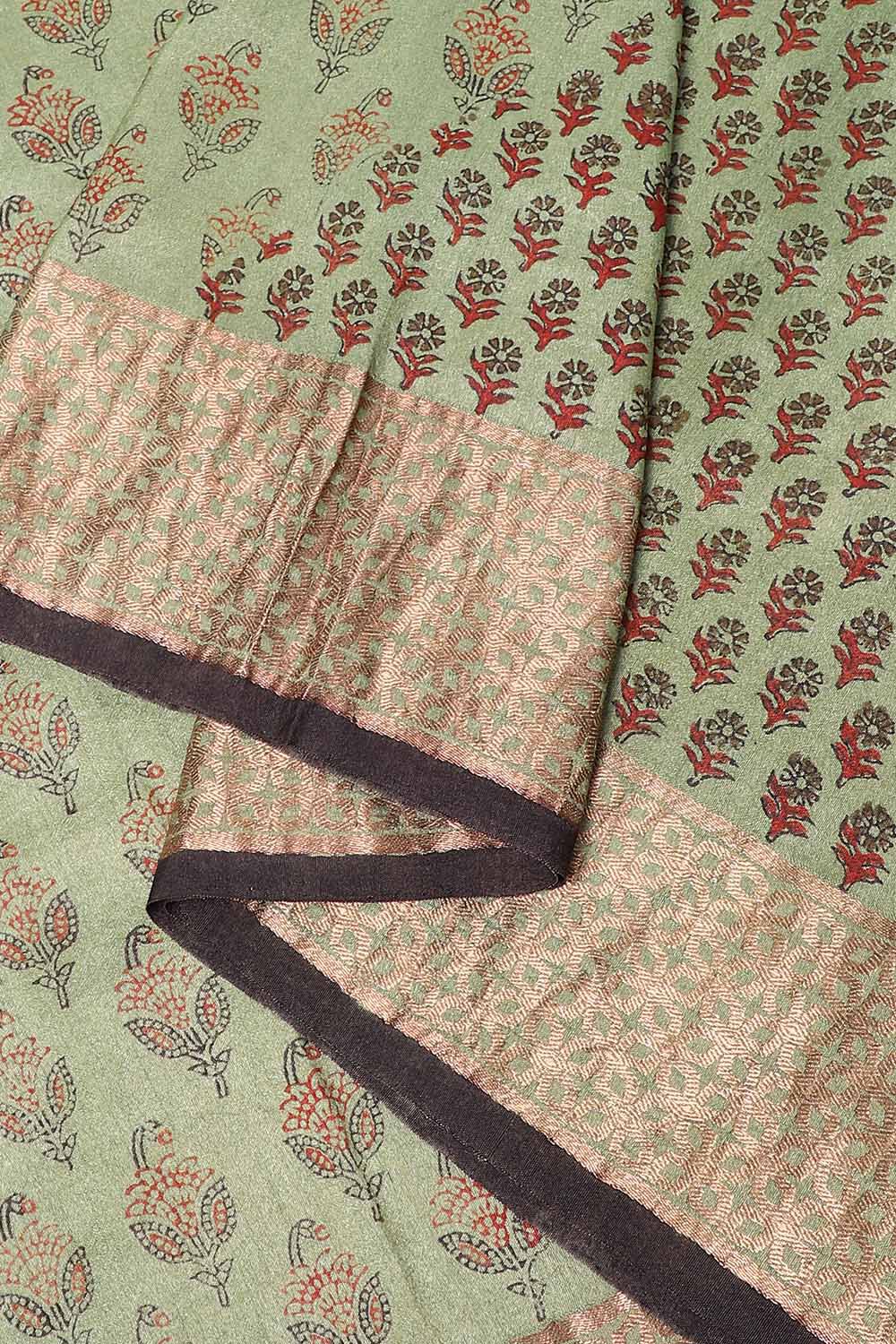 Green Pure Silk Tussar Bagru Print and Zardosi Embroidered Saree image number null