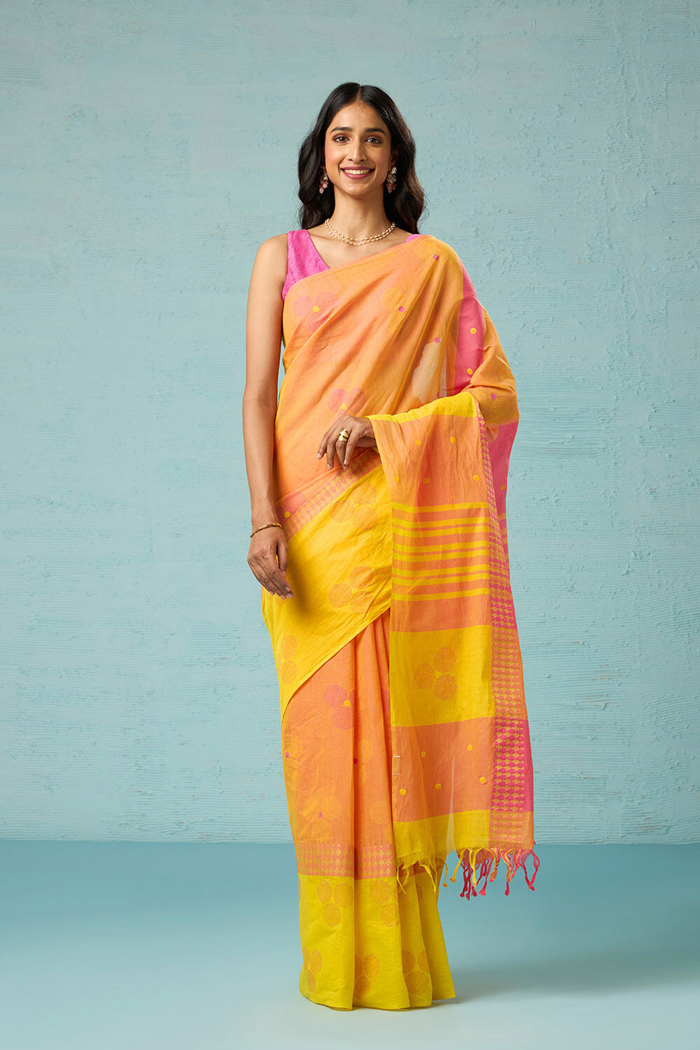 Yellow Rajasthan Block Printed Pure Cotton Saree image number null