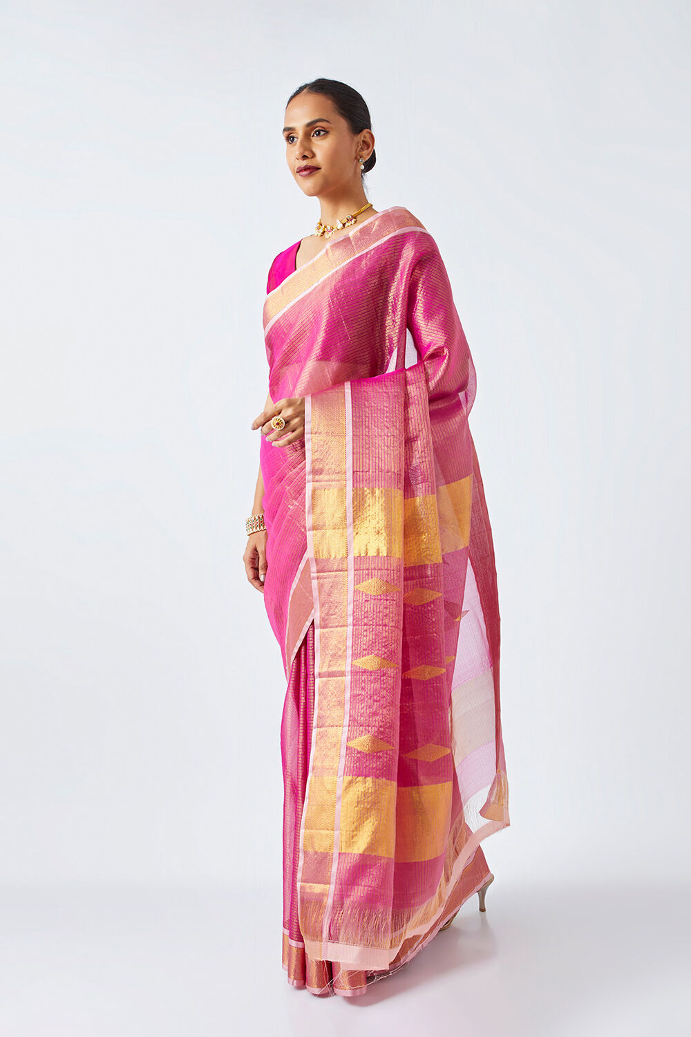 Dark Pink Pure Organza Kanjivaram Saree image number null