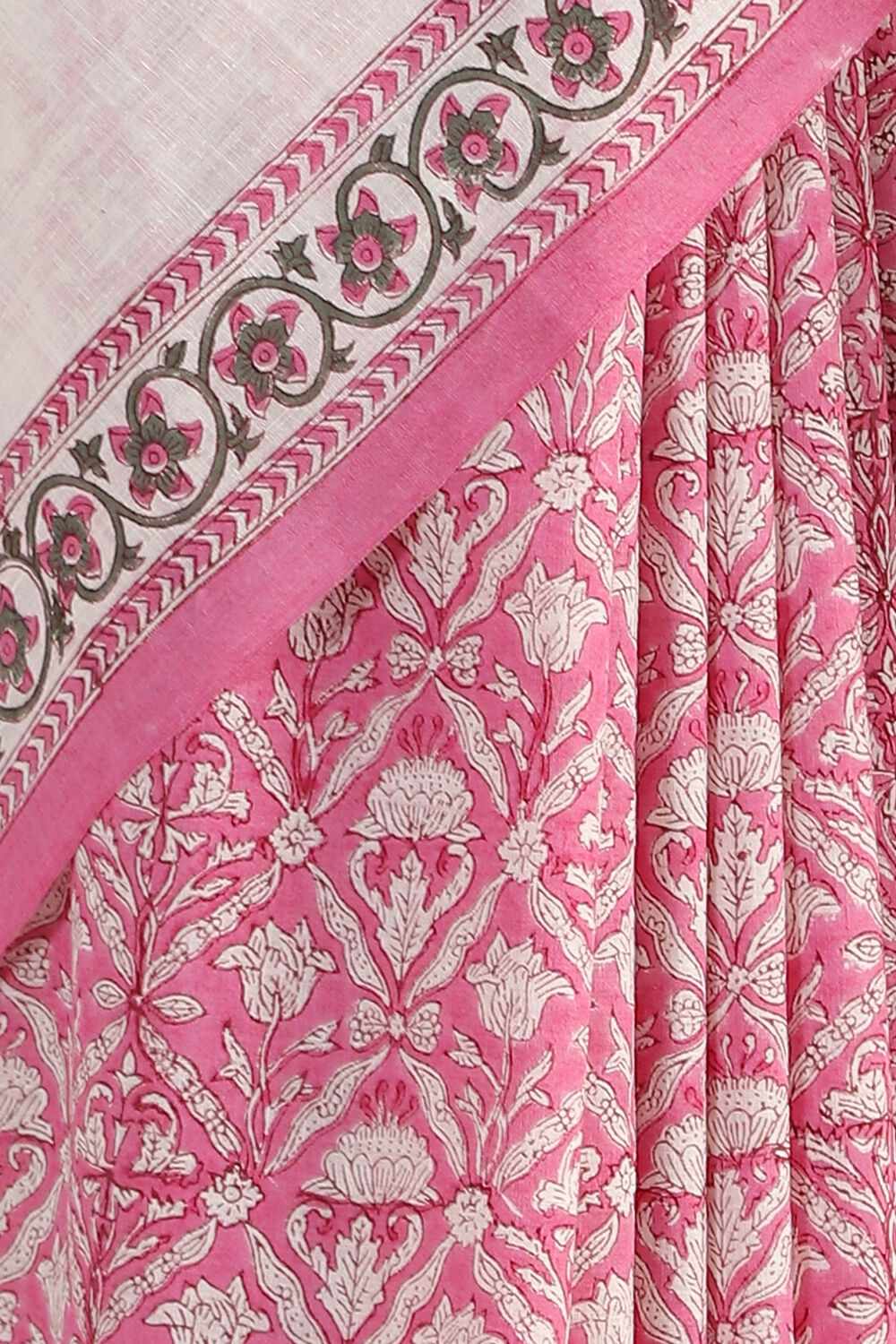 Light Pink Pure Khadi Cotton Sanganeri Hand Blockprinted Saree image number null