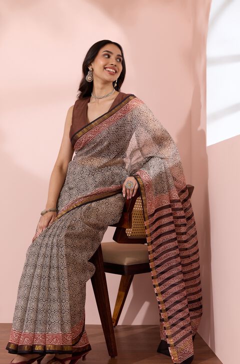 Black Rajasthan Bagru Block Printed Pure Cotton Kota Saree