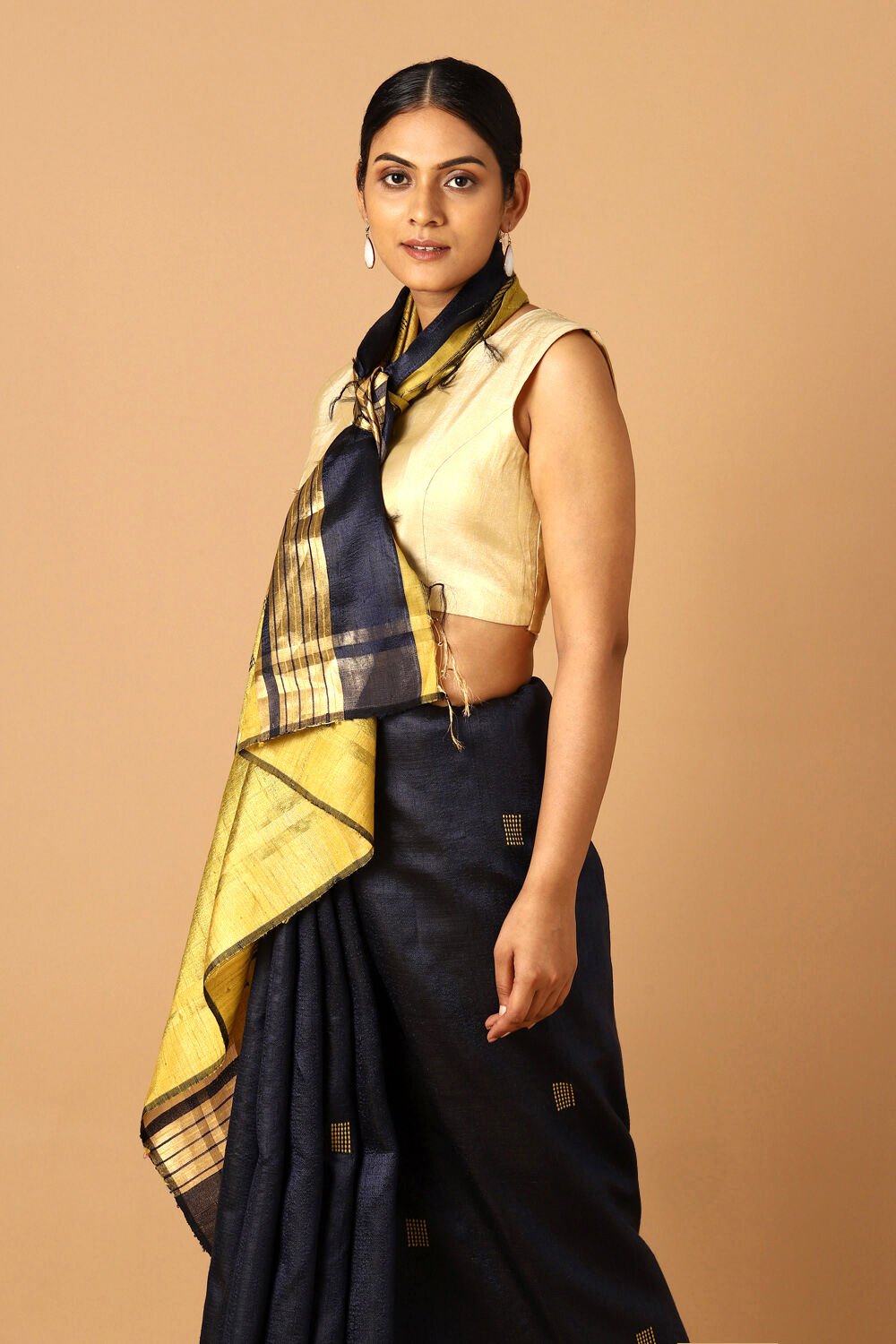 Dark Blue Pure Tussar Silk Bhagalpuri Saree image number null