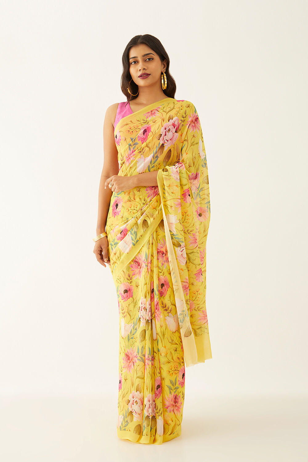 Yellow Viscose Georgette Digital Print Saree image number null