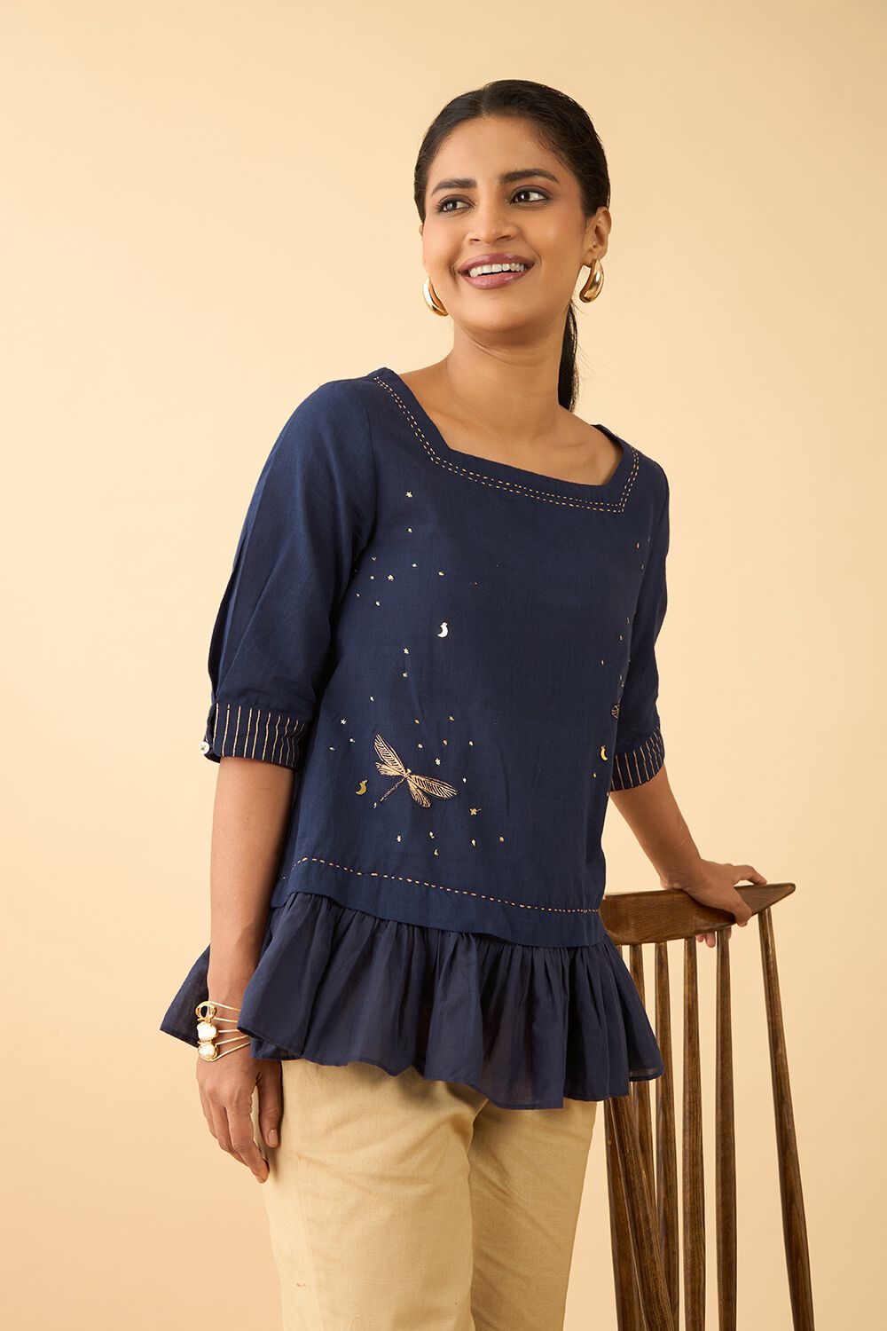 Blue Screen Printed Pure Cotton Short Top image number null