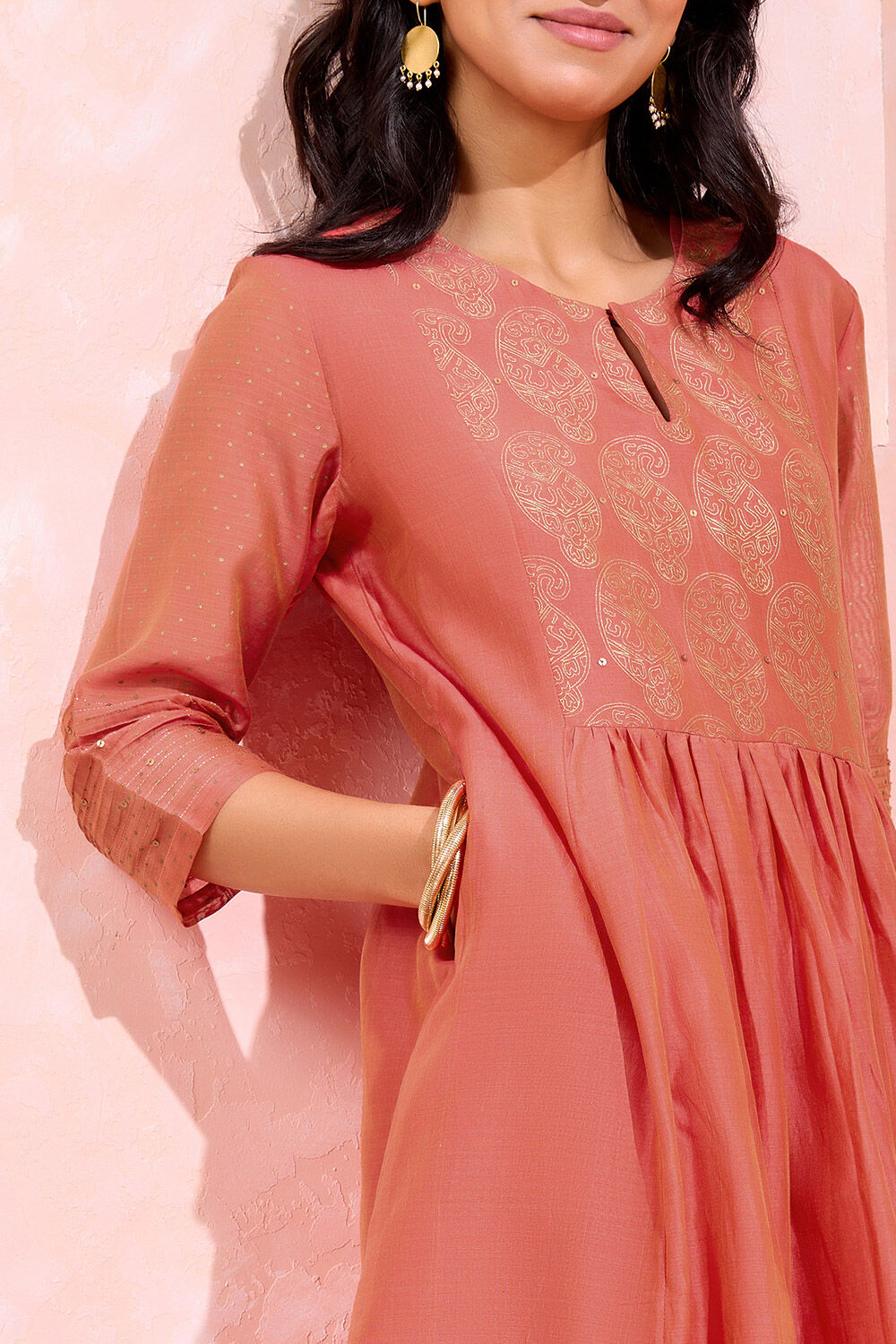 Red Block Printed Pure Silk Cotton Kurta Set image number null