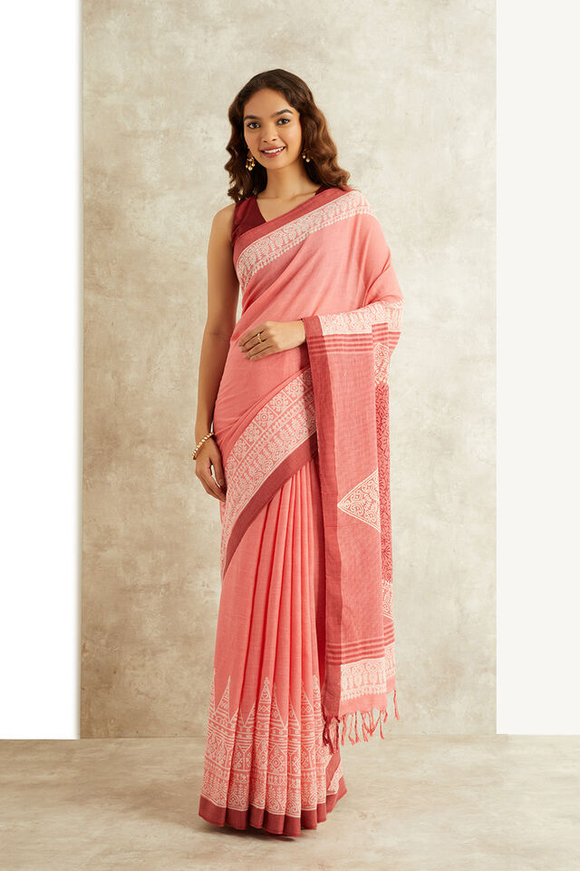 Pink Block Printed Pure Cotton Bengal Saree