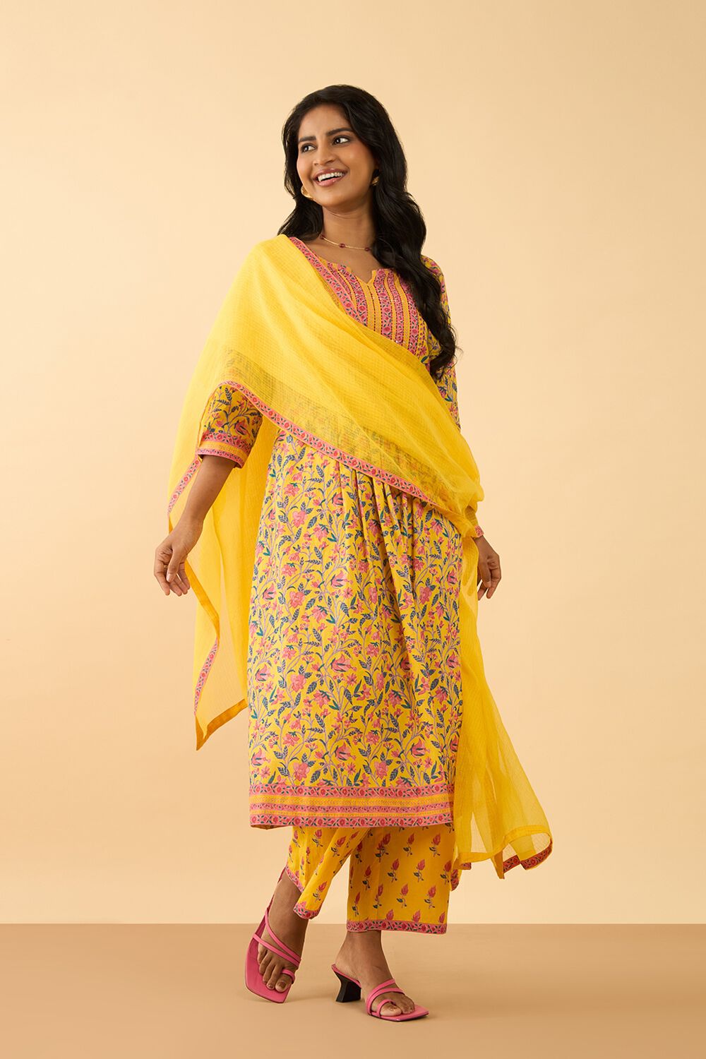 Yellow Screen Printed Pure Cotton Kurta Set image number null