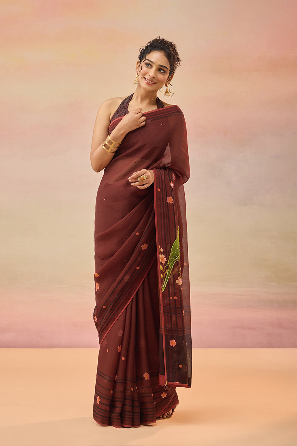 Brown Viscose Organza Embroidered Sequin Saree image number null