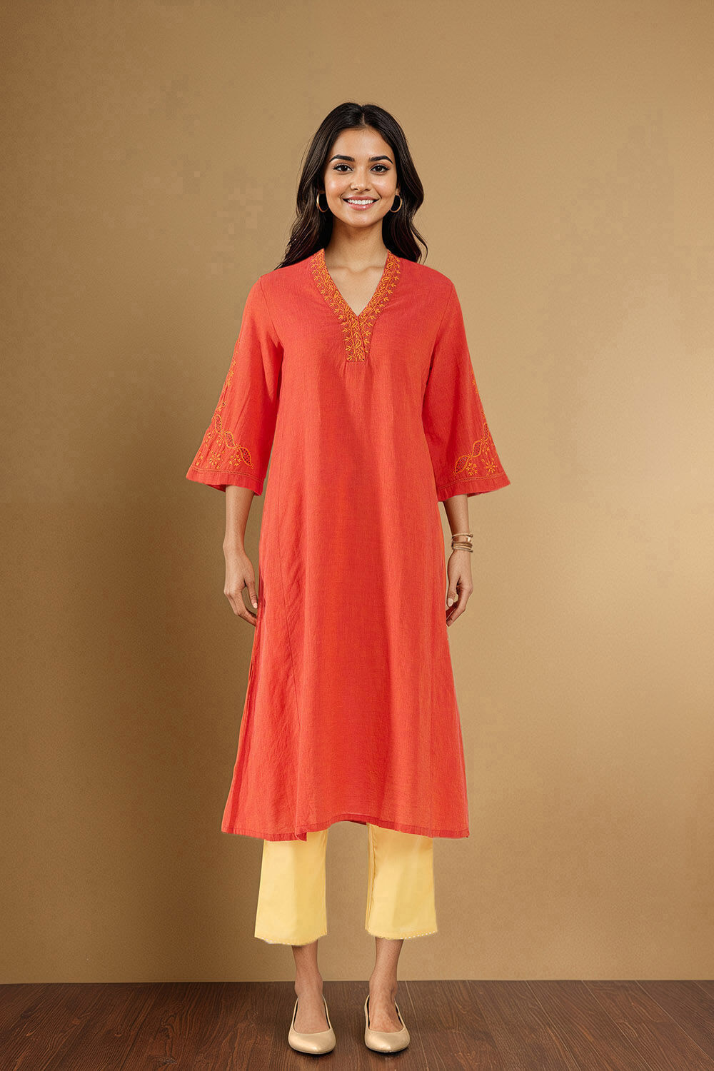 Orange Chikankari Pure Cotton Kurta image number null